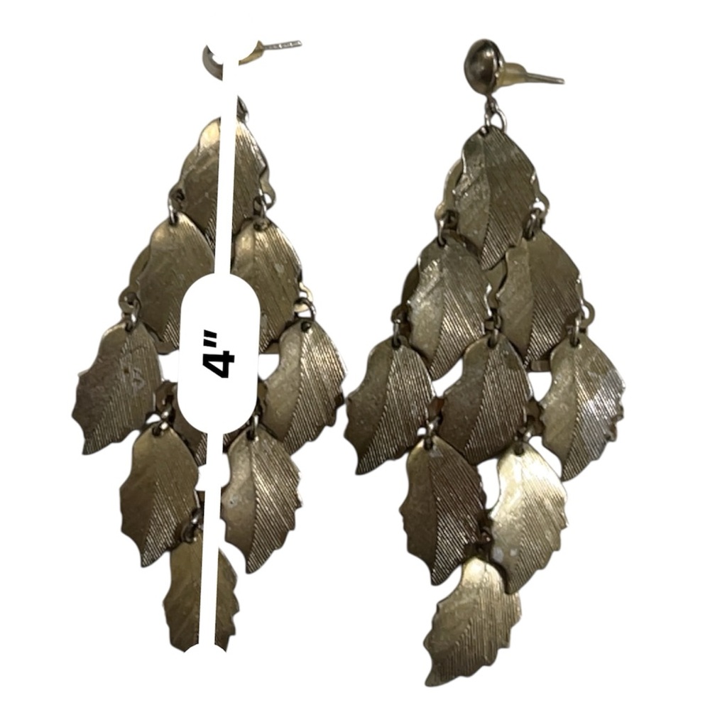 Vintage 90s Brass Gold Leaf Cascade Chandelier Earrings 4” Bold Glam Statement - Picture 4 of 5